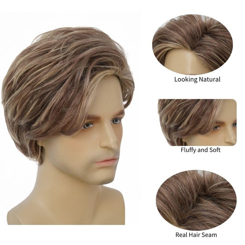 Swiking Men Wig Short Blonde Brown Layered Natural Synthetic Hair Full Wigs for Male Guy Daily Party Wear (Brown Blonde) - Image 3